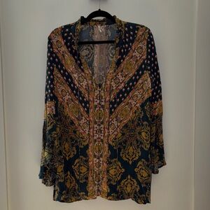 Free People Navy and Gold Patterned Blouse